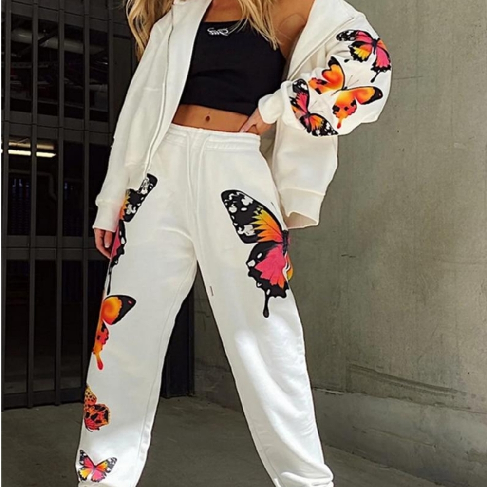 Butterfly Print  White Jogging Pants